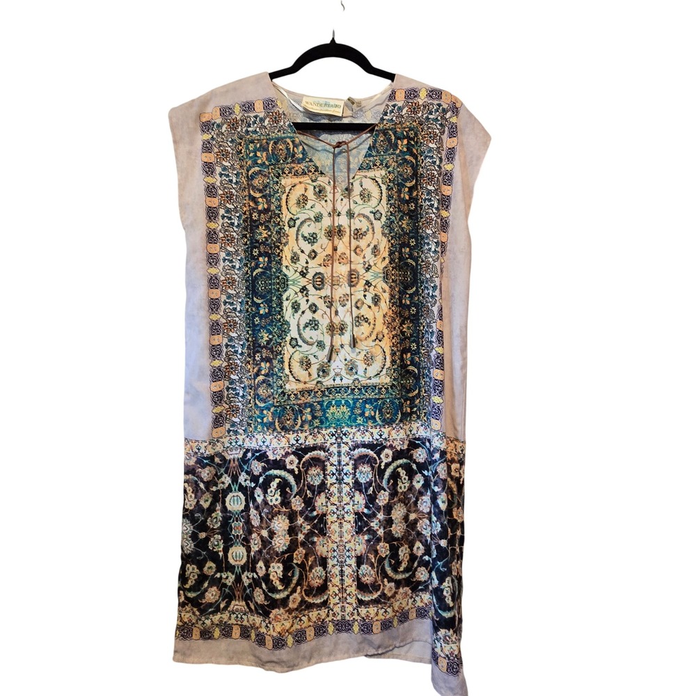 Wanderlujo Boho Print Shift Dress Women S Blue Gold V-Neck Mini Suede Tie Boxy